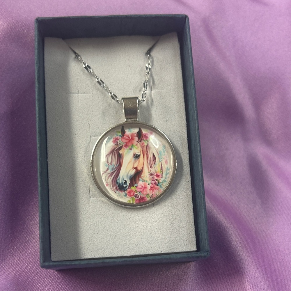 Floral Horse Pendant Necklace in Pink - Women Jewelry 1 inch pendant